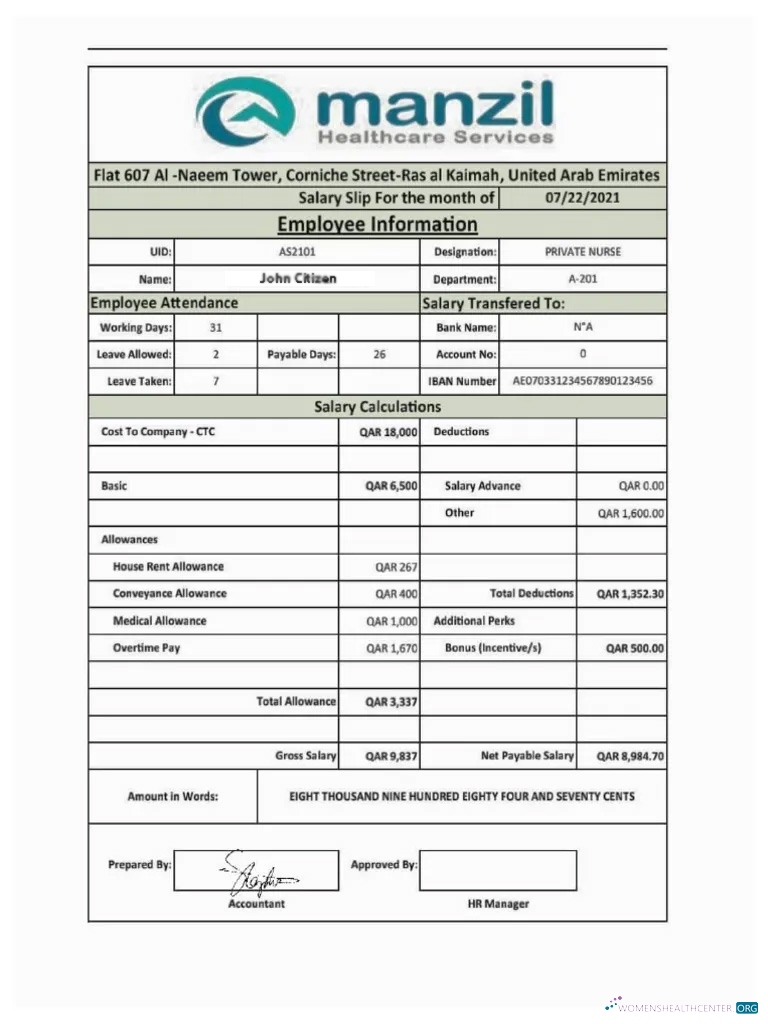 Download UAE MANZIL Healthcare Services salary slip in Word and PDF formats Photoshop template